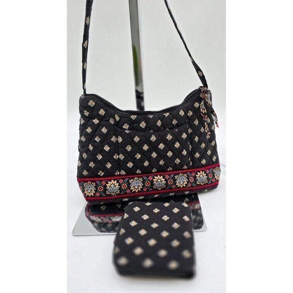 Vera Bradley Quilted Shoulder Bag & Wallet Set - Floral Pattern Zip Closure Blac - Picture 2 of 5